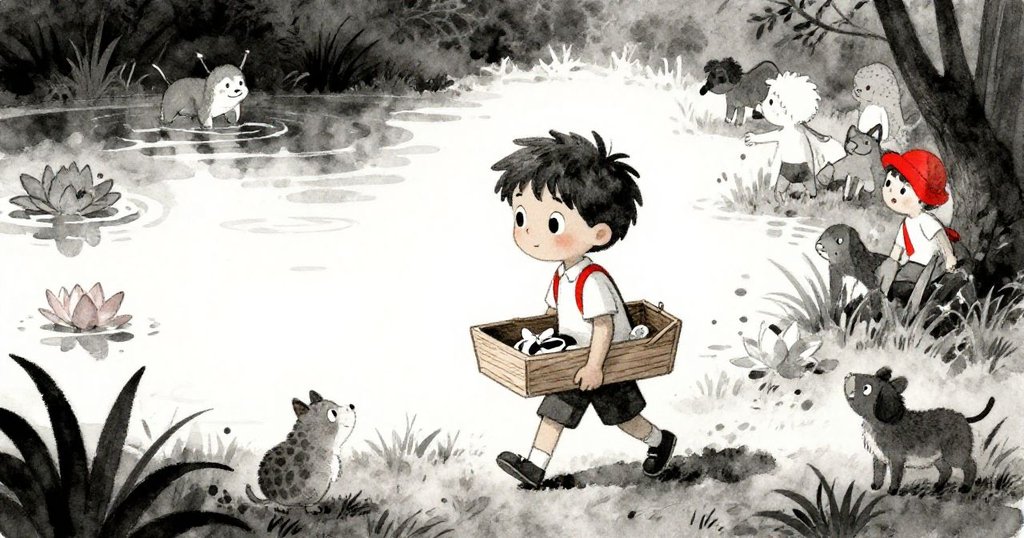 貝拉放學後來到百合池邊，手持鞋盒小舟，周圍有小鳥與孩童，光影斑駁，展現期待冒險情緒