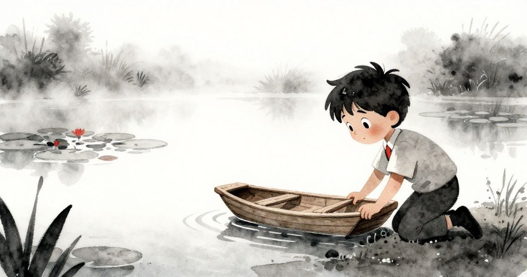 貝拉伏在寧靜池邊放置木筏，周遭水面迷霧空曠，神情專注且溫柔沉靜