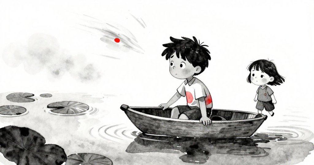 貝拉在池邊舉拇指微笑，小舟隨風旋轉，旁邊小女孩皺眉，角度獨特充滿動感