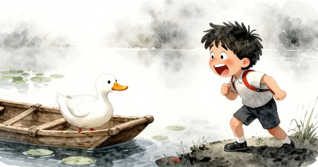 鴨子輕推小舟激起水花，貝拉先笑後緊握池畔，神情從歡樂轉為微妙緊張