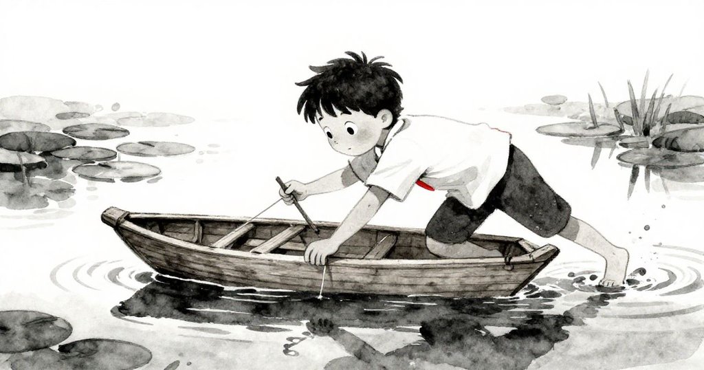 貝拉用備用木枝和線修理歪斜的船桅，隨後推舟前進，動作生動充滿活力