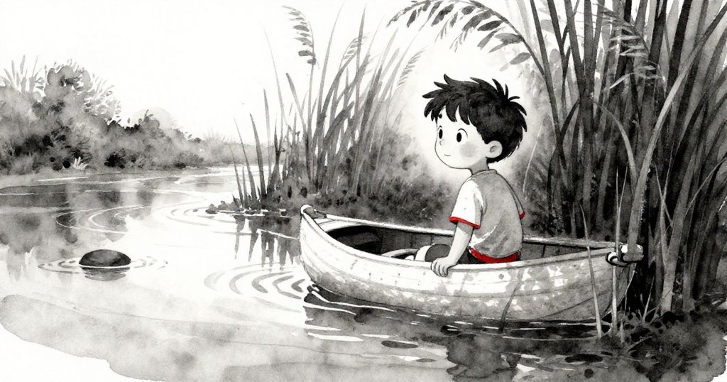 貝拉凝視著依靠濕土的小舟，夕陽餘暉下露出平靜神情，暗示著新的冒險即將展開