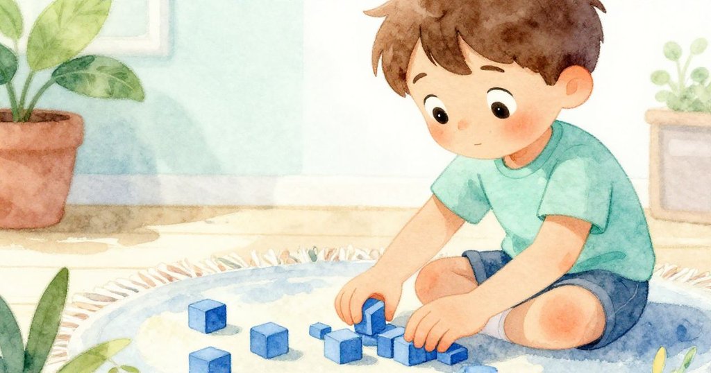 Sam蹲下用手仔細整理藍色小積木，陽光下手指靈巧，表情專注，細節豐富充滿期待。