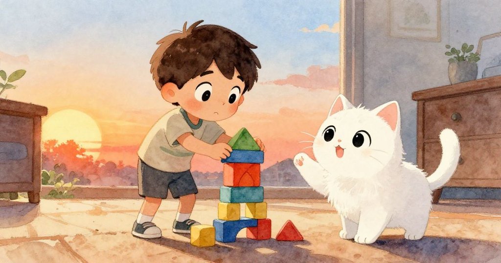 白貓視角下，Sam認真搭建積木塔，彩色方塊豐富，白貓好奇擺動尾巴，室內夕陽光下充滿童趣。