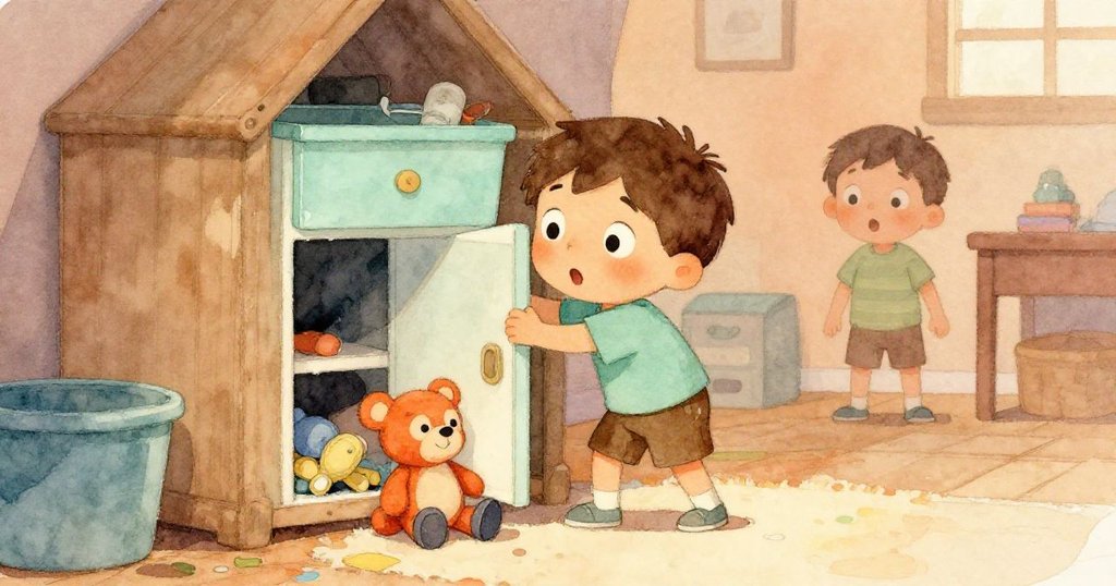 在房間隱秘角落中，幽默玩具突然彈出，Sam驚訝轉頭觀看，柔和光影中增添了一絲神秘與趣味。