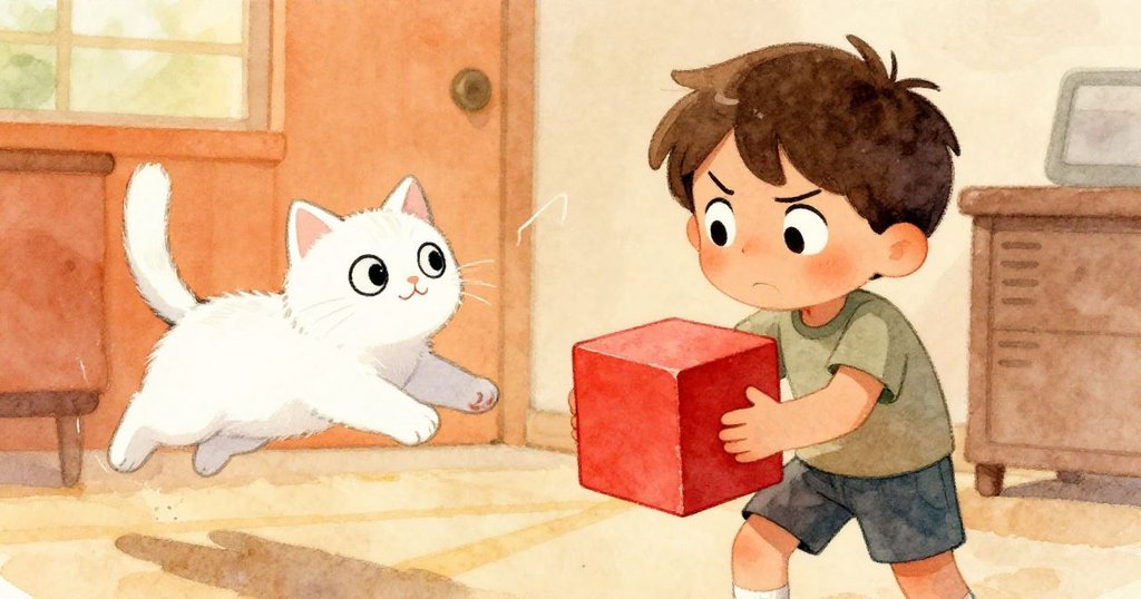 Sam小心舉紅色大積木，雙手輕顫表情緊張，白貓驚跳後退，室內暖光下充滿挑戰與轉機。