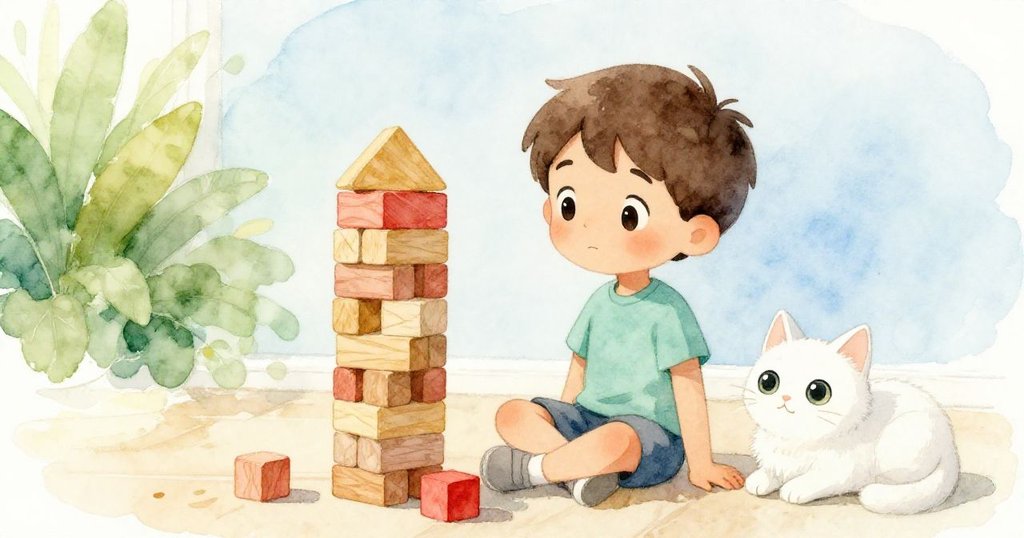Sam靜坐欣賞穩固的積木塔，臉上滿足微笑，白貓安睡在旁，室內光線柔和展現平和結局。