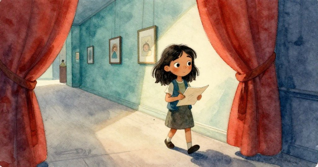 莉娜進入美術館側走廊，握著細長畫冊和鉛筆，午後光線和深紅窗簾營造出神秘氛圍，充滿好奇情緒。