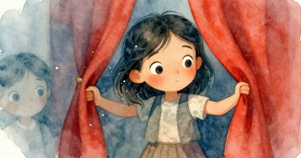 莉娜拉開深紅窗簾時，灰塵彌漫，臉上充滿驚訝與些許困惑，細節豐富展現柔和光線與神秘氣氛。