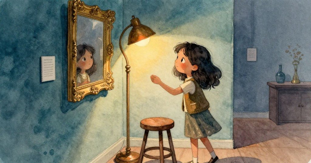 莉娜從角落拿來青銅落地燈，置放於凳子上，溫暖光芒照射畫框，表現出細膩動作和室內氣氛。