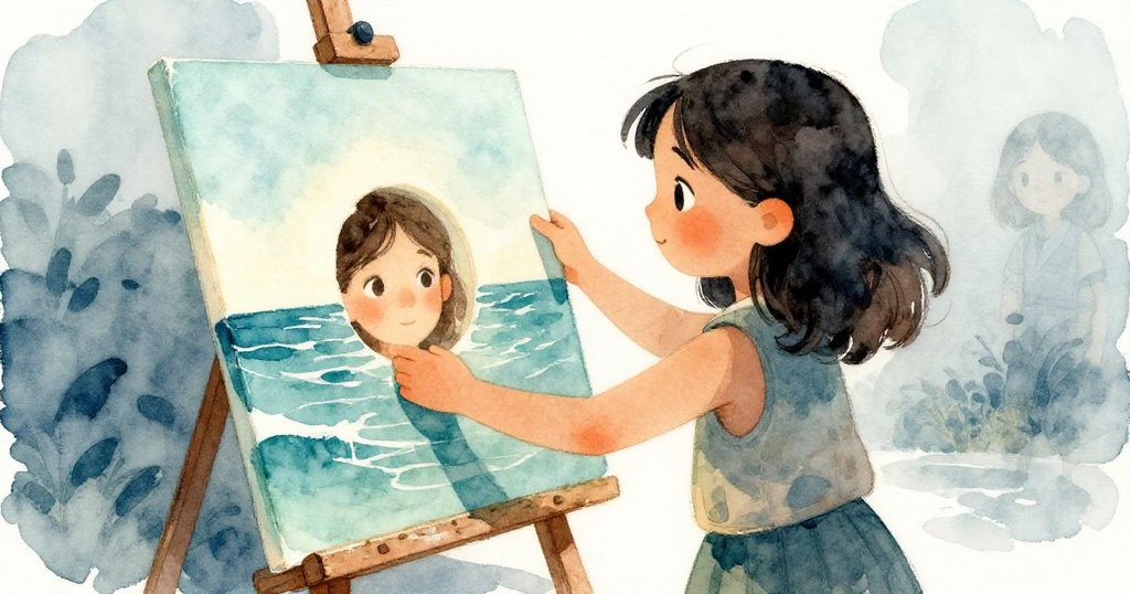 莉娜輕觸並提起海景畫，發現隱藏的小畫作，畫面流露出驚奇與細膩光影，美術館靜謐氛圍濃厚。