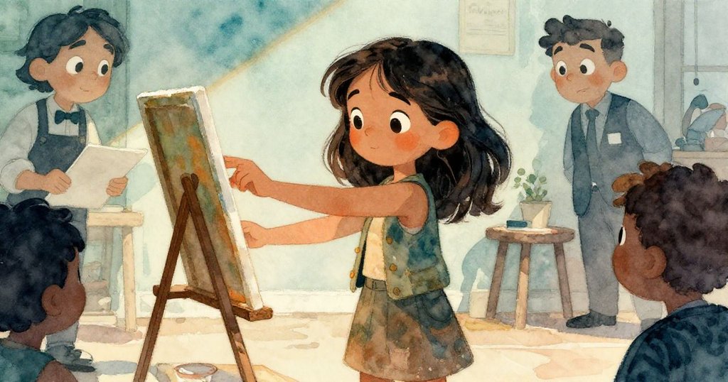 莉娜平衡兩幅畫作時見到策展人走近，臉上流露滿足與驚喜，畫面充滿動態互動與柔和光影。