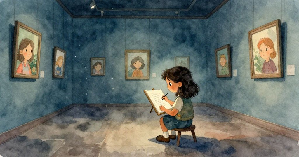 夜幕低垂，莉娜於靜謐美術館內細畫草圖，柔光下微塵飄落，畫面展現出平靜與溫暖的結局。