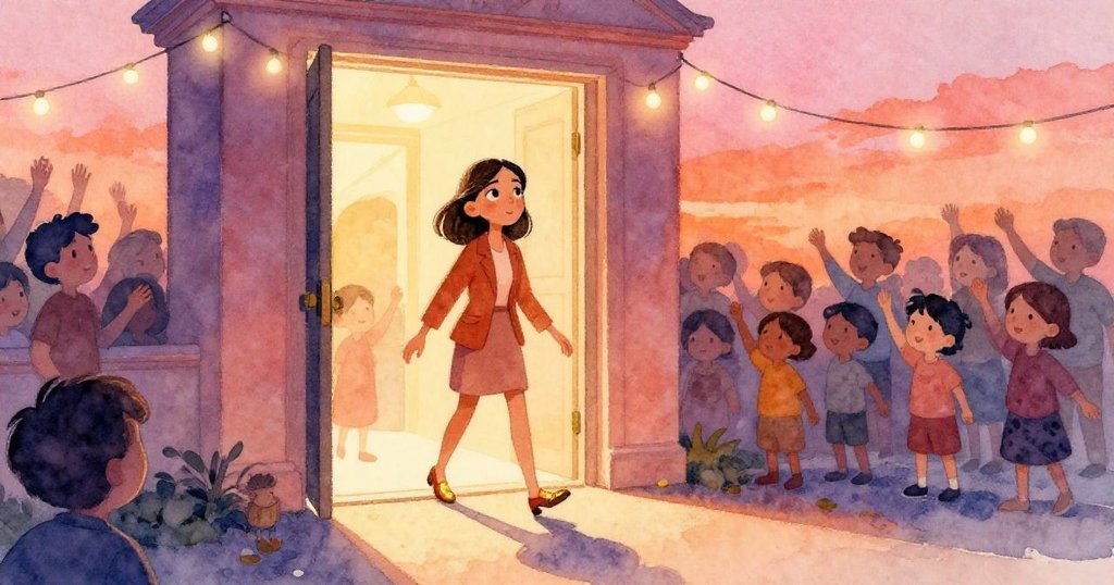 蕾諾拉站在社區大廳門口，期待與緊張交織，溫暖燈光映照優雅步伐，邁出探索第一步。