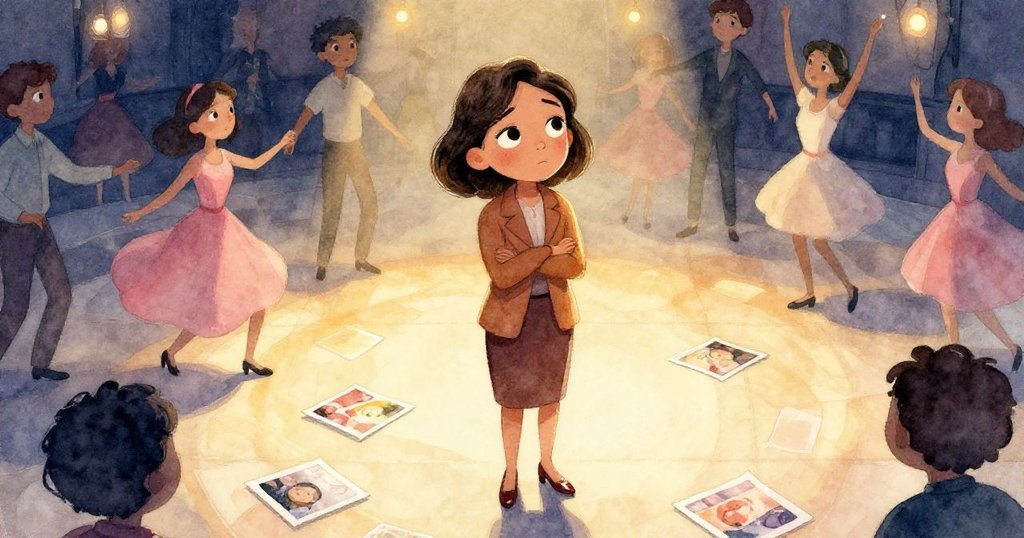 蕾諾拉在舞池中緩步前行，一陣意外使設計樣本散落，眾人舞動中顯露一絲脆弱與堅定。