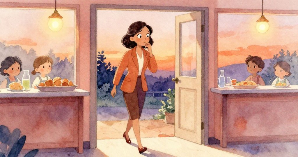 蕾諾拉走向自助餐區旁開啟的門，室內熱鬧與戶外寧靜交織，心情平和中帶著期待。