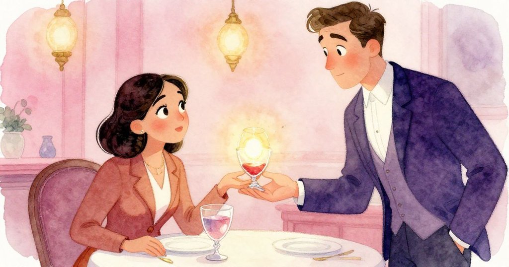 蕾諾拉在自助餐區舉起設計樣本，與高個男子眼神交會，彼此默契中流露驚喜與期待。