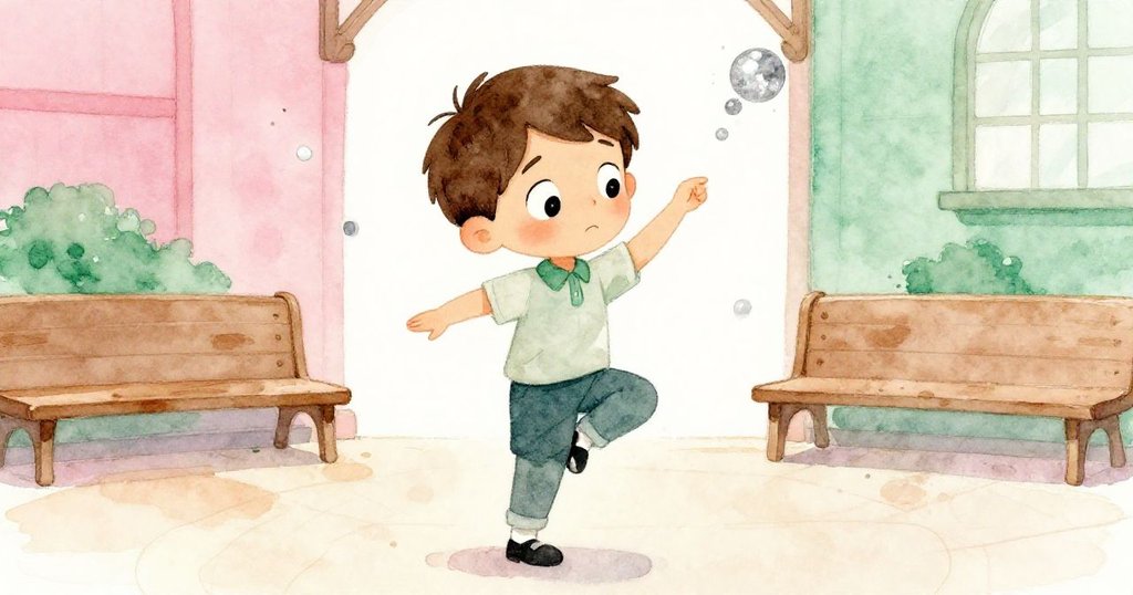 Liam在市政大廳中練舞，臉上表露專注與疲憊，身邊木製長椅與飛舞塵埃映襯出靜謐等待。