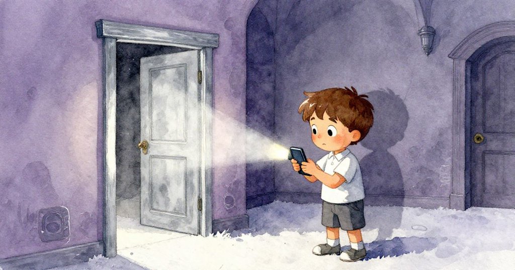 Liam用手機手電筒照亮黑暗角落，發現隱藏側門，神情既驚訝又興奮，展開神秘魔法冒險。