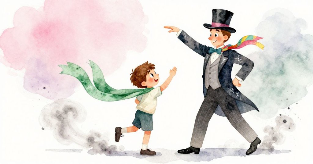 魔術師微笑引領慢舞，Liam跟隨步伐在塵埃中起舞，動作流暢活潑，展現奇幻魔法表演高潮。