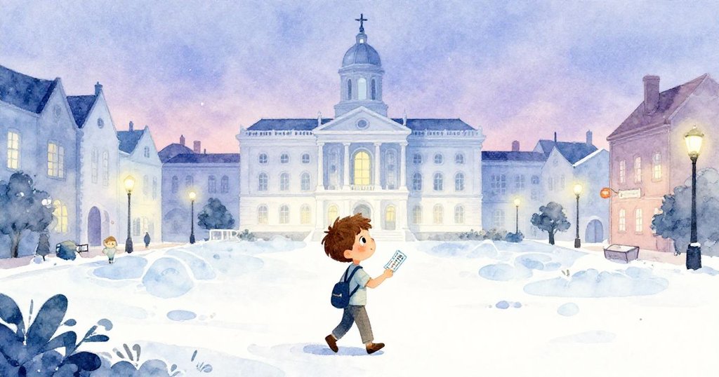 Liam手握閃亮入場券於傍晚燈光中離開市政大廳，背後大門輕閉，安靜收尾充滿平和與滿足。