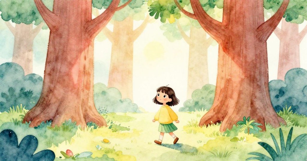 Lena走向公園裡高大的紅杉，攜帶著素描本，充滿決心與驚喜，背景陽光明媚，營造出溫暖大自然景致。