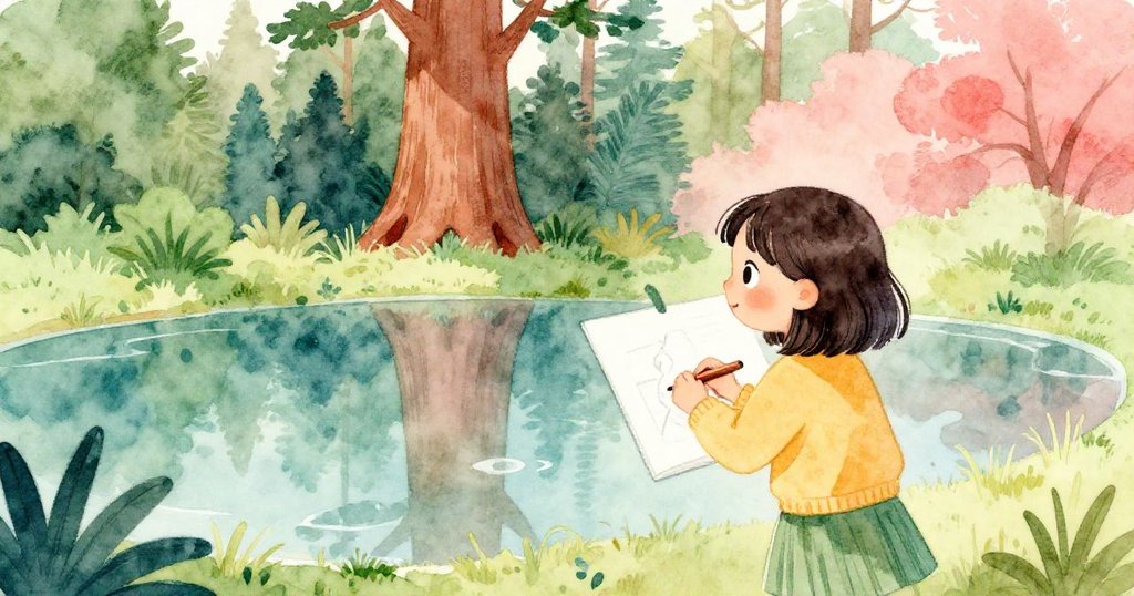 Lena從身後專注素描倒映於池水中的紅杉，背景隱約有跳舞青年，畫面呈現柔和色調與魔法般光影。