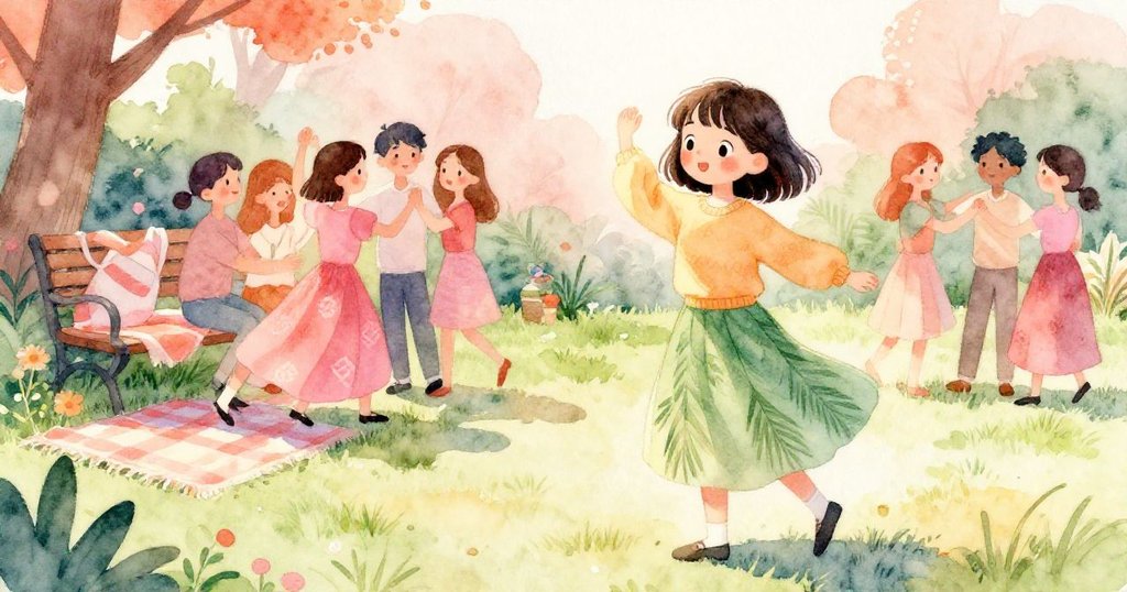 Lena側身觀望跳舞青年在草坪上緩步起舞，明亮毯子覆蓋長椅，落葉與柔和日光營造溫暖公園氣氛。