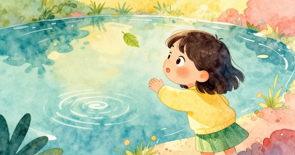 Lena臉上展露靈感笑容，轉向泛著光澤的池面，池中浮葉增添詩意，色彩融合海藍、芒果黃與珊瑚粉，呈現大自然奇景。