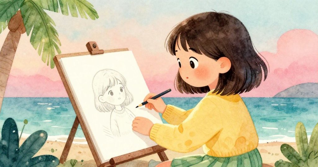 Lena完成素描後凝望作品，素描本上意外筆觸似鳥兒輕舞，溫柔夕陽映照，呈現寧靜與滿足，營造溫馨大自然氛圍。