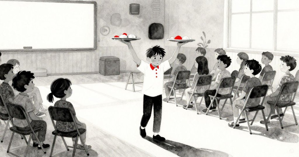 Alex手持銀色托盤穿過社區大廳，椅子排列整齊，夕陽柔光灑落，神情專注準備迎接活動。