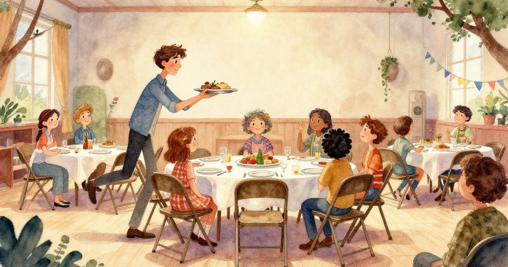 Alex的手輕觸銀色托盤和摺疊菜單，細節展現歷史痕跡與光影交錯，彰顯活動準備之用心。