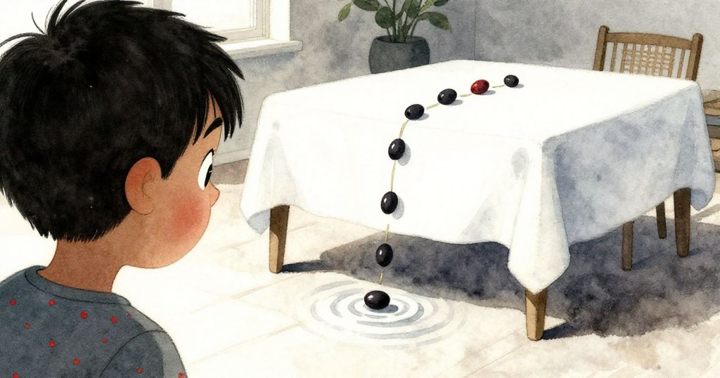 從Alex背後看見他發現桌布下波紋，橄欖正滾動至邊緣，神色嚴肅顯露隱藏危機。