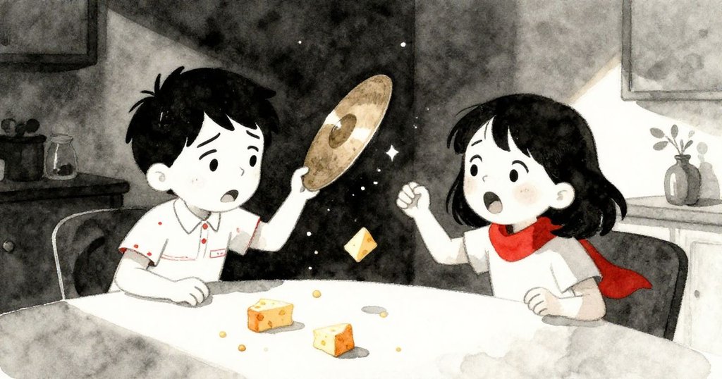 聲響檢查中突遭鑼聲，Alex與Mira急忙調整散落的起司，現場充滿意外驚慌與戲劇張力。