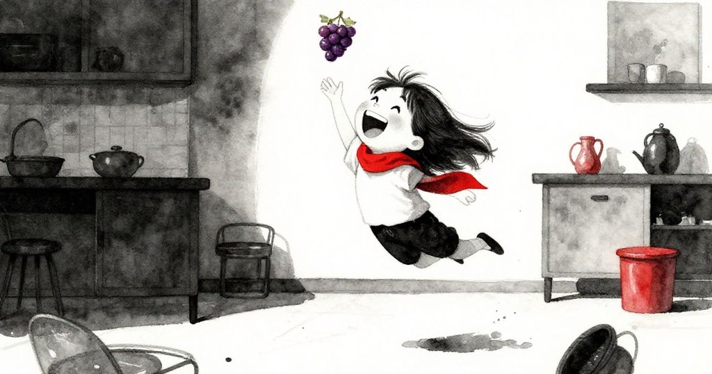 Mira躍起抓住落下的葡萄，臉上笑容洋溢，背景散落餐具突顯出活潑競逐與動感氛圍。