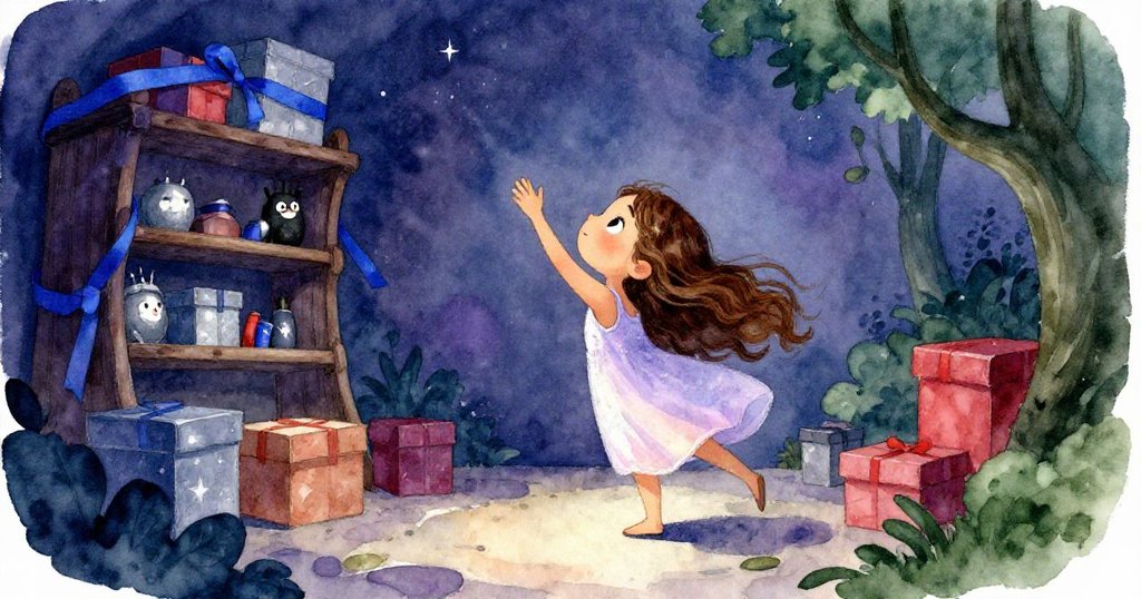 米拉在充滿神秘光線的屋內伸手向上拿藍色絲帶,環境昏暗而夢幻,她充滿期待與決心