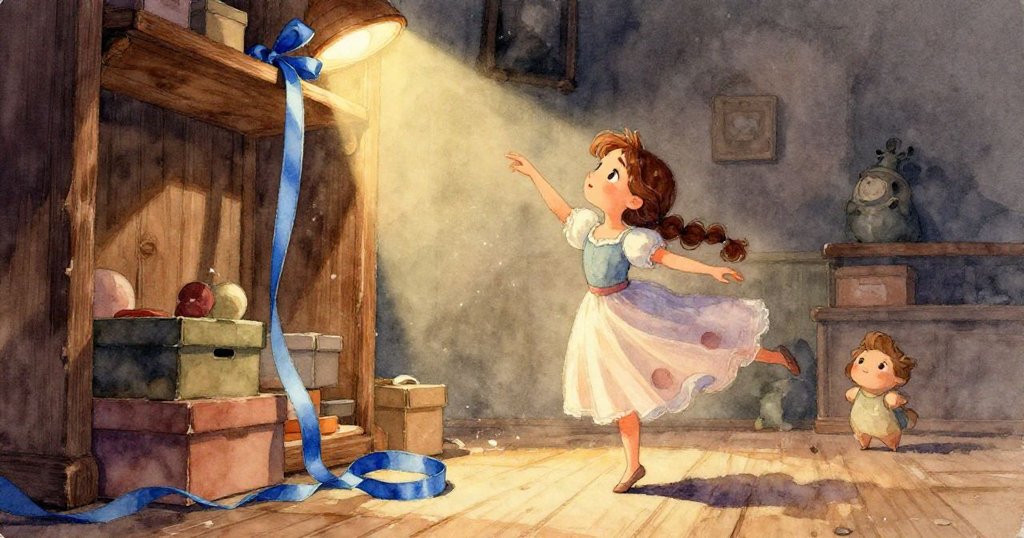 米拉的手部特寫正試圖抓取滑到盒子後的藍絲帶,細節豐富展現專注與些許失落