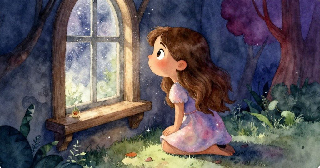 米拉跪在架子旁縫隙處,透過縫隙觀察閃爍塵埃,神情充滿好奇與期盼