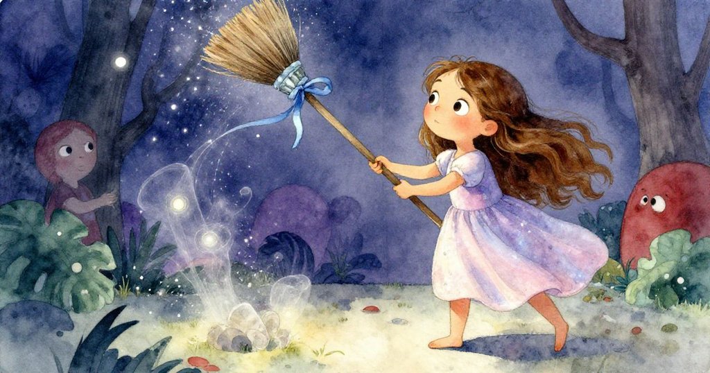 米拉在朦朧如水光影中操作掃帚,試圖勾取藍絲帶,周圍塵埃如霧般漂浮,充滿魔幻感