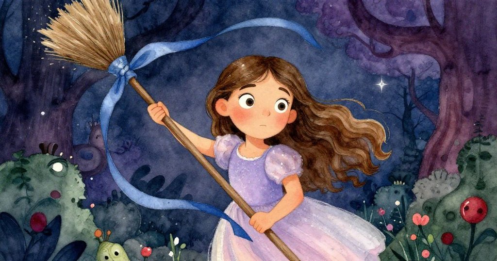 米拉神情堅定地揮動掃帚提升藍絲帶,眼中閃爍著決心光芒,場景充滿魔幻動感