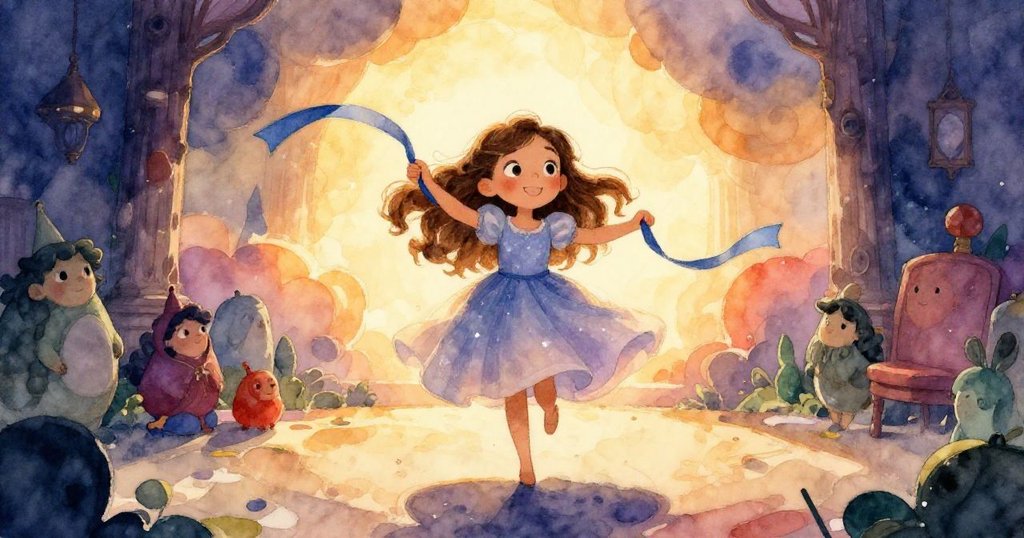 米拉在明亮金色光線中快樂旋轉,綁好藍絲帶,背景夢幻雲紋襯托出平靜勝利的氛圍