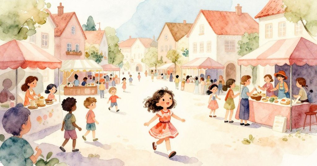 米婭穿著明亮的服裝在熱鬧市集上行走，與攤位、表演者和觀眾互動，她臉上洋溢著興奮與期待的笑容。