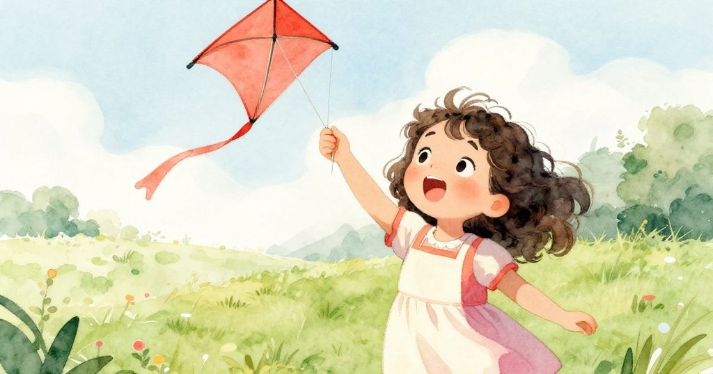 米婭近距離仰望著紅色風箏，臉上展現驚喜與專注，背景是溫暖的市集場景。