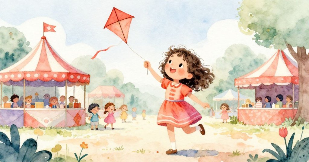 透過小蝴蝶視角看米婭與風箏互動，市集中的歡樂聲音與自然光點亮晴朗天空。