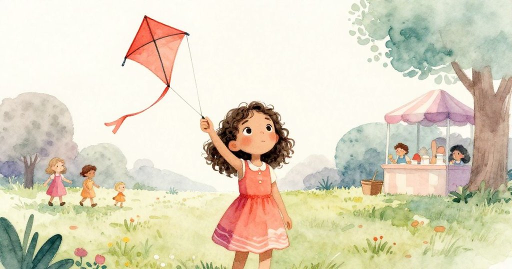 市集轉為平靜時刻，米婭在草坪前凝視低垂風箏，思索後準備採取行動，氛圍柔和溫暖。