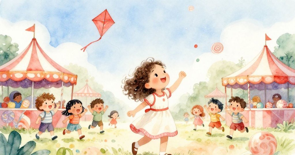 歡樂糖果雨灑落，米婭與孩子們在明亮草坪上歡聚，笑聲與喜悅充盈，風箏在藍天中閃耀。