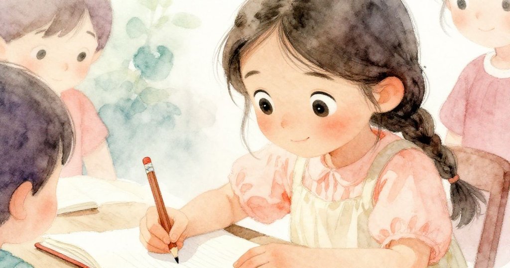 米拉專注地看著眼前的筆記本，用鉛筆勾勒葉片和花瓣，眼神中流露出好奇與專注，展開故事發展。