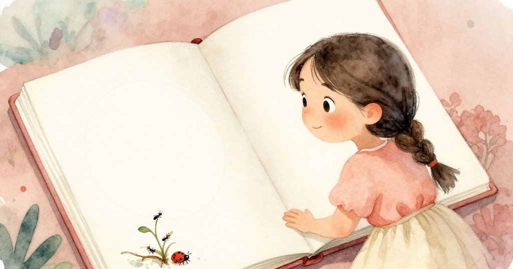 從上方俯視米拉放在大腿上的筆記本，筆記中圓圈清晰，蚂蚁和瓢蟲在花草間穿梭，展現探索細節。