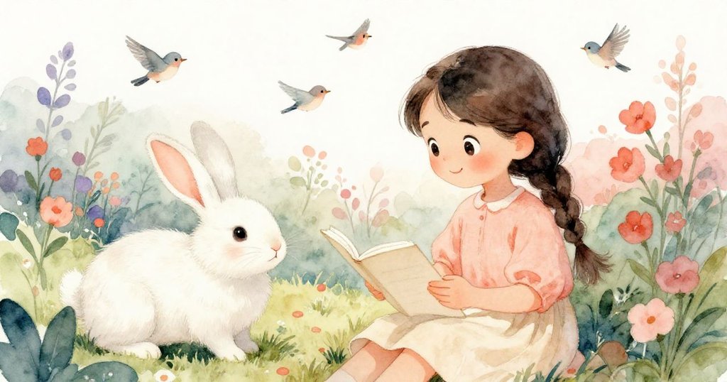 一隻溫柔的白兔輕盈躍向米拉的筆記本，庭園中鳥鳴聲聲，米拉露出驚訝而溫柔的神情，展現情節轉變。