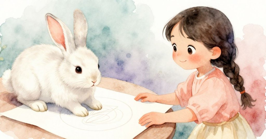 米拉發現筆記本上的圓圈被兔子輕觸改變，動作間透露出驚訝與堅定，兔子靜靜陪伴，情緒微妙。